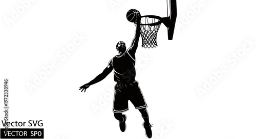 Basketball player dunking silhouette, dynamic sports action, black and white vector illustration.