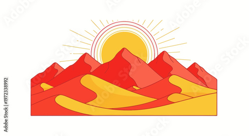 Desert Landscape with Sun and Mountains