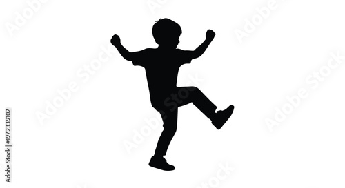 Black silhouette of a happy child jumping and dancing on white background.
