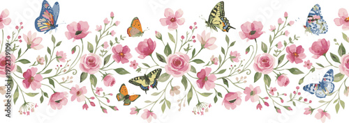 Isolated a realistic Floral seamless border with abstract delicate pink wildflowers and colored butterflies. Isolated watercolor illustration for cover, background, invitation or greeting vector art.