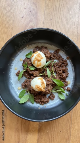 Meat and egg dish with vegetable sauce, served on a black plate.