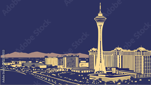 Minimalist Skyline Silhouette Featuring A Tall Observation Tower And Resort Buildings Against A Solid Dark Blue Background For Travel And Tourism las