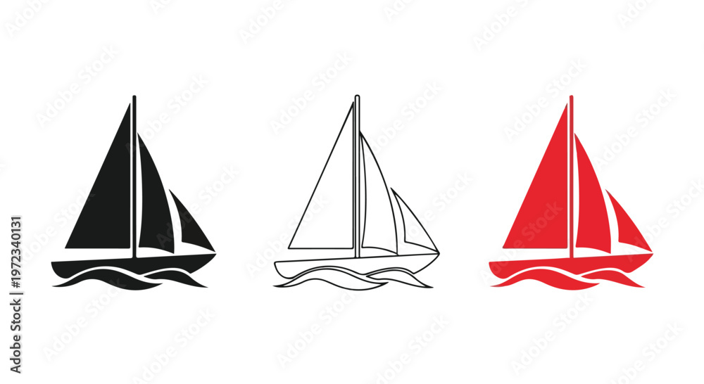 Naklejka premium Collection of three sailboat icons in black, outline, and red, floating on stylized waves