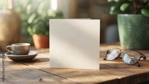Blank Greeting Card Mockup on Wooden Table with Coffee Cup Glasses and Plants Cozy Workspace Scene Natural Light Copy Space Minimal Branding Template