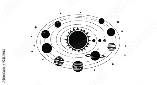 Black and white minimalist illustration of the solar system with sun and planets.