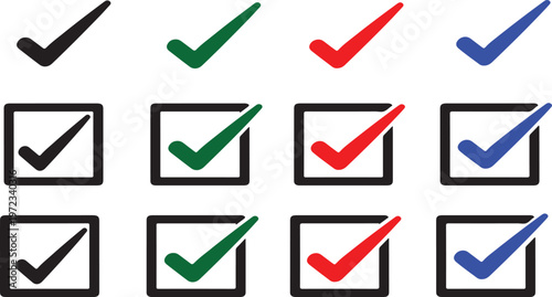 Checkmark Collection: A collection of various color checkmarks, each within a square frame. The image portrays accuracy and choice.