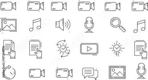 Digital Icon Collection: A meticulously curated array of digital icons encompasses various multimedia and functional symbols, ideal for interface design and technical communication.