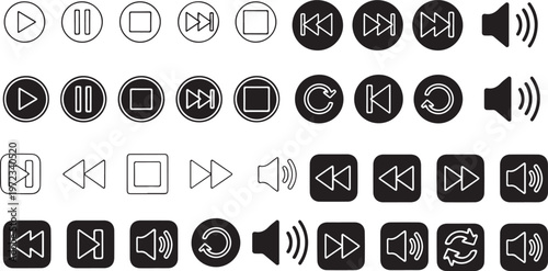 Multimedia Icons: A diverse collection of multimedia icons, essential elements for audio and video interfaces, presented in a clean, modern design.