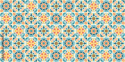 Seamless Mexican tiles pattern with green, orange, and cream floral geometric motifs. Talavera inspired repeating background for wallpaper, fabric, wrapping paper, textiles, and kitchen decor.