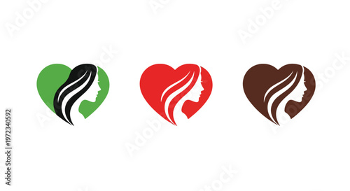 Three stylized heart shapes with silhouette profiles of women's faces in green, red, and brown colors