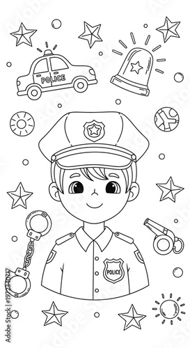 Cute Cartoon Police Officer Coloring Page with Police Car, Siren, and Handcuffs