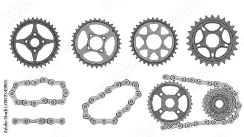 A vector CAD design illustration of various interlocking gears and chains on a white background