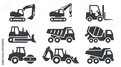 A collection of black silhouette icons showcasing various heavy construction, earthmoving, and industrial machinery vehicles.