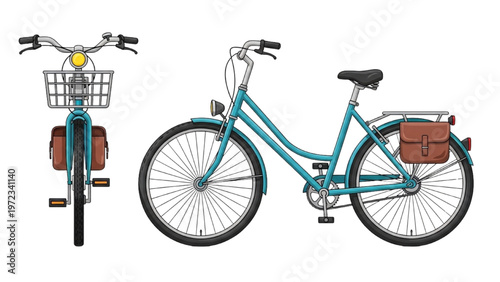 Vector CAD design showcases bicycle with basket and bags from side and front views