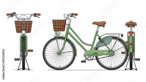 Vector CAD design of a green bicycle with brown accessories on stands