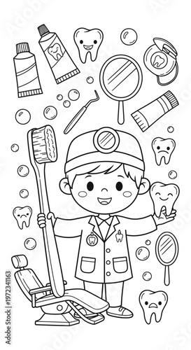 Cute Dentist Holding Toothbrush with Dental Tools and Happy Teeth