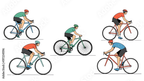 Cyclists riding vector bikes in various positions and colors outdoor