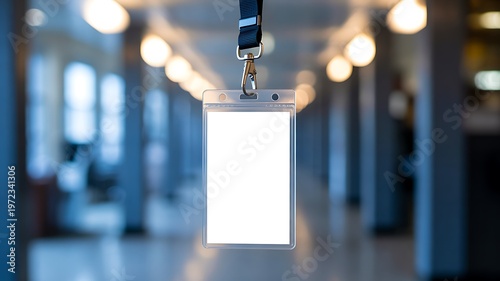 Blank id card badge hanging on lanyard in office corridor mockup concept
