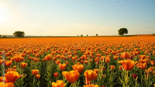 Vibrant flowers in a large field on a sunny day.