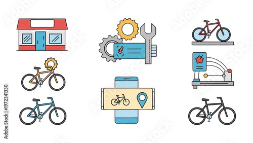 Vector CAD design of bicycles and cycling accessories on display