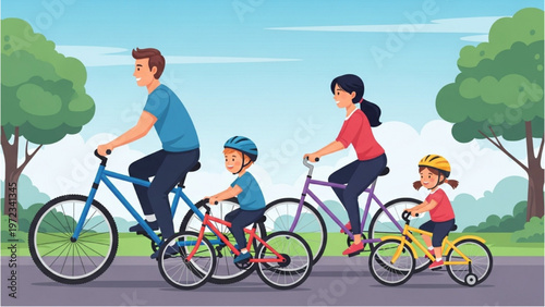 Family rides bicycles on a sunny park path with vector CAD design elements