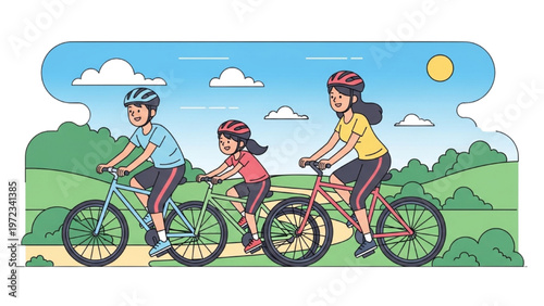 Family rides bicycles on sunny day with vector CAD design