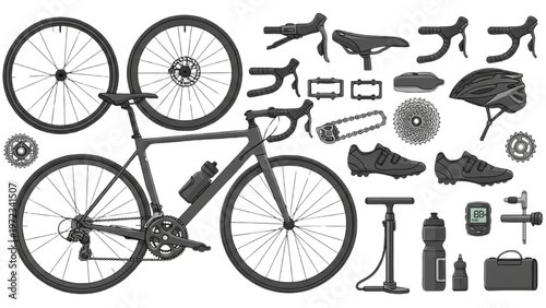 Vector CAD design of a bicycle and its various components on a clean background