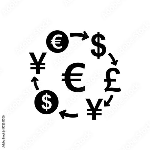 Global Currency Exchange: Euro, Dollar, Yen, Pound Symbols in Circular Flow