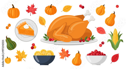 A roasted turkey with pumpkin pie and assorted fall foods on a table setting.
