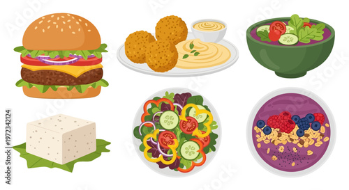 A vibrant illustration of various healthy and junk food options on a white background for a restaurant menu.