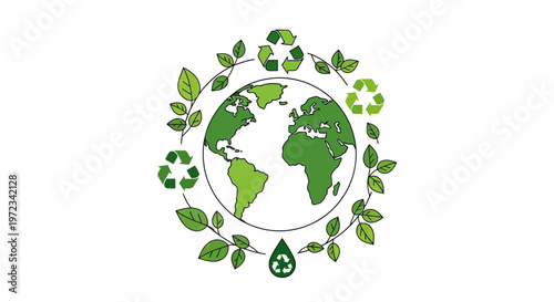 Earth surrounded by green leaves and recycling symbols for eco friendly environment