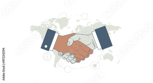 Business partnership handshake on global map background