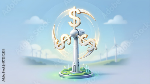 A wind turbine with dollar signs on a green island