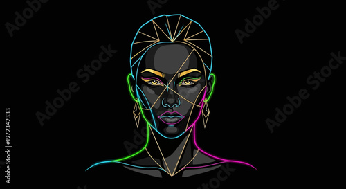 A colorful illustration of a woman's face with geometric lines on her skin and makeup.