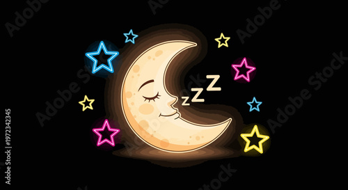 A smiling crescent moon sleeps peacefully surrounded by colorful stars.