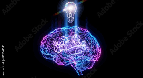 A glowing lightbulb illuminates a vibrant blue and pink brain with gears on a black background.