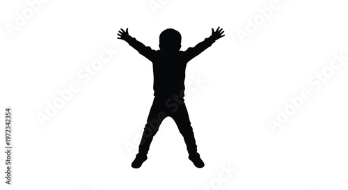 Black silhouette of a happy child jumping with arms and legs spread isolated on white background.