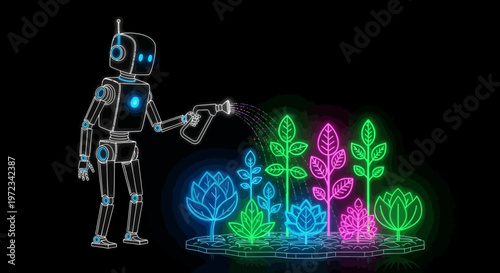 Robot waters colorful neon plants with hose outdoors
