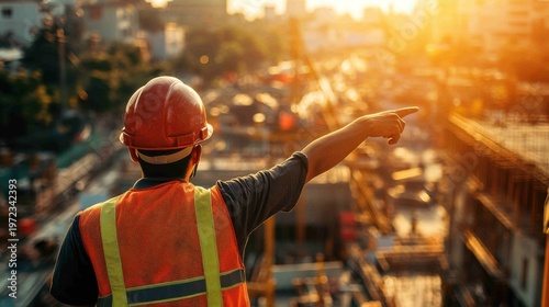 Construction Inspector Points at Urban Site in Midday Sunlight