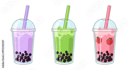 Colorful bubble tea drinks with straws and boba in cups on a table indoors.