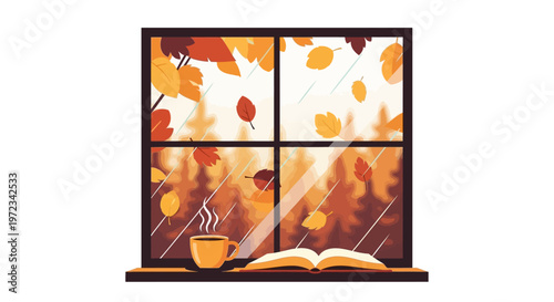 A steaming cup of coffee sits on a windowsill with an open book on a rainy autumn day outside.