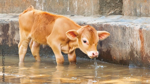 Young Calf Drinks Water From Trough
