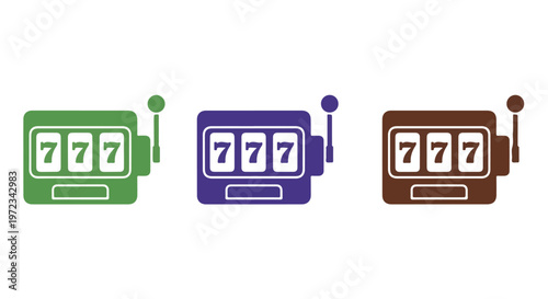 Three colorful slot machine icons displaying lucky sevens, representing gambling and casino entertainment
