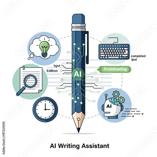 AI writing assistant concept with a large pencil at the center, surrounded by icons representing ideas, editing, time, keyboard, and AI.