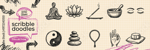 Black ink scribble minimalist makeup artist icon set hand drawn doodle beauty salon illustrations on pure white background