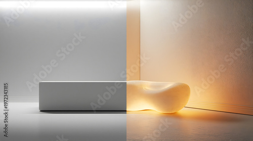 Geometric Lighting and Sculptural Form: A minimalist composition showcasing a rectangular pedestal contrasting with a fluid, organic form, illuminated by subtle gradients.