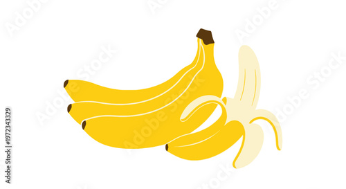 Bright Yellow Bananas and Peeled Banana on White Background.