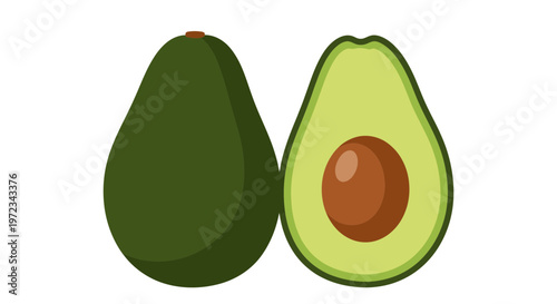 Fresh whole and halved avocado fruit with pit isolated on white background.