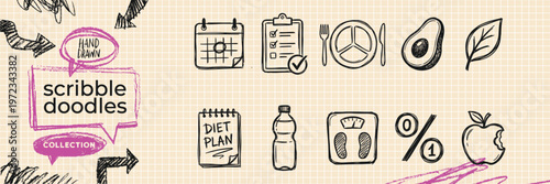 Black ink scribble minimalist surgery operation icon set hand drawn doodle medical illustrations on pure white background