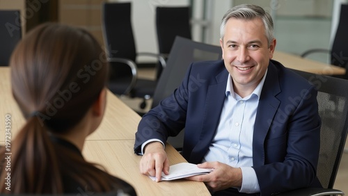 A business man in a suit talking with two women at the desk.